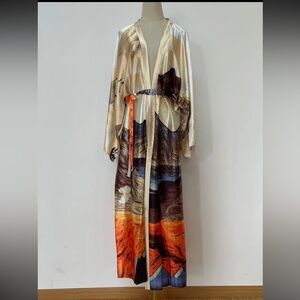 1126. Cream and Orange Abstract Print Kimono with Belt